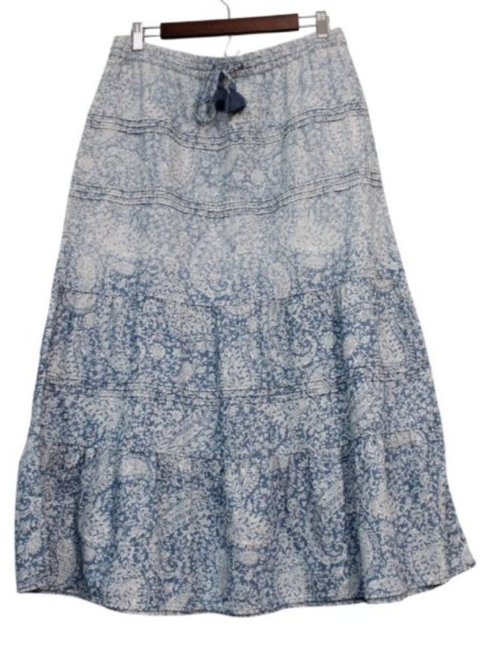 J Jill Midi Skirt Size Medium Tiered Boho Beach Coastal Paisley Bandana Pull On